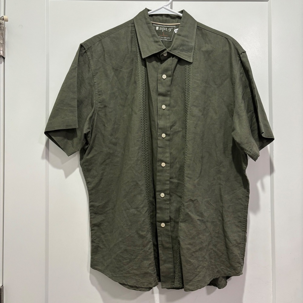 Apt. 9 Mens Large Olive Green Linen Blend Embroidered Short Sleeve Button Down